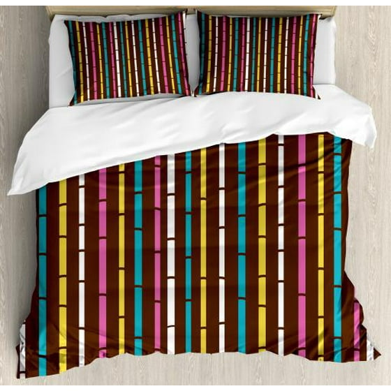 Asian Queen Size Duvet Cover Set Rainbow Style Bamboo Sticks On A Brown Shade Background Chinese Foliage Arrangement Decorative 3 Piece Bedding