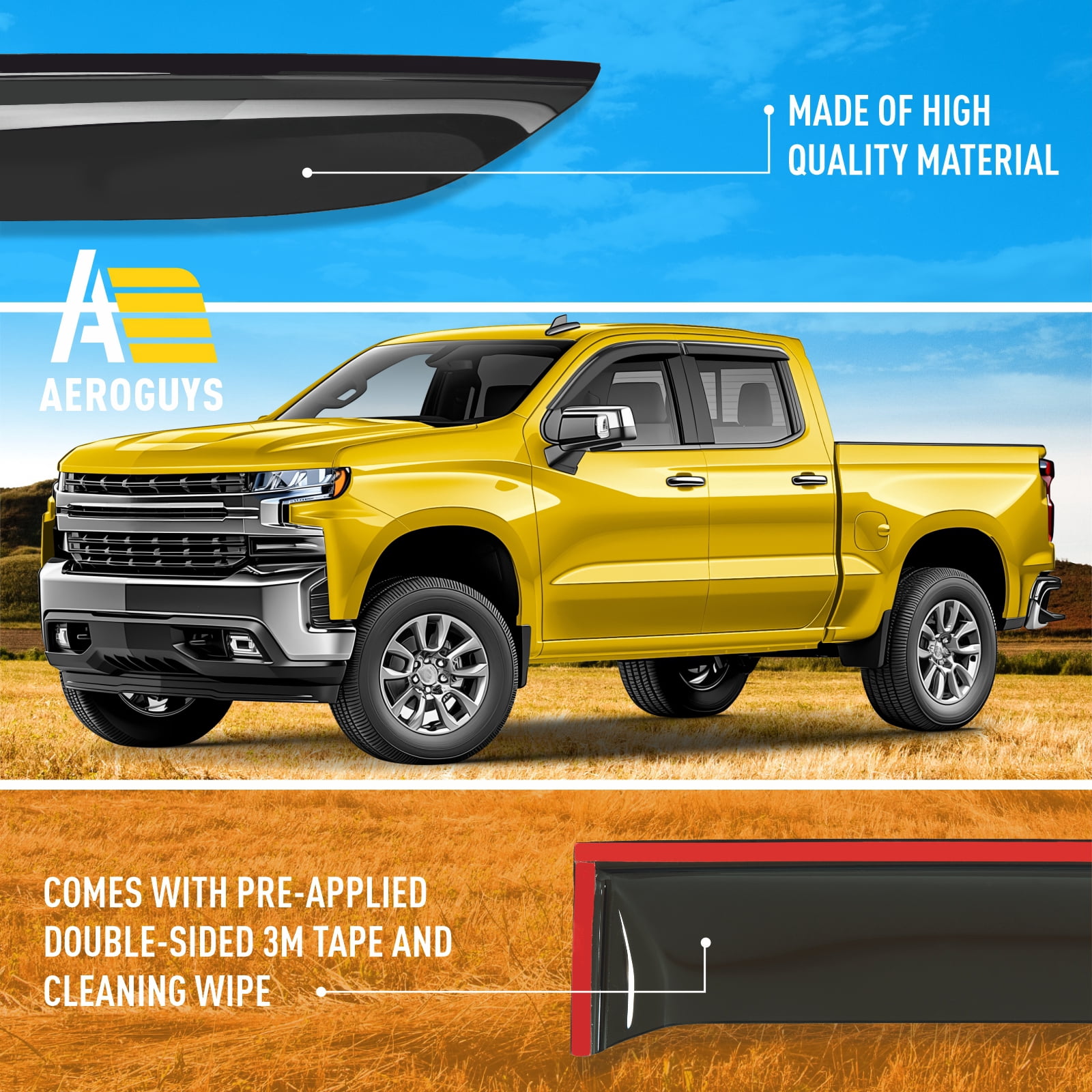AEROGUYS Tape-On Window Deflectors Extra Durable Window Visors Rain Guards Fit for Chevrolet (Chevy) Silverado 1500 2019-2026 Double Cab, Sun Visors,Wind Vent Visors,Truck Accessories - 4 pcs. AG0024