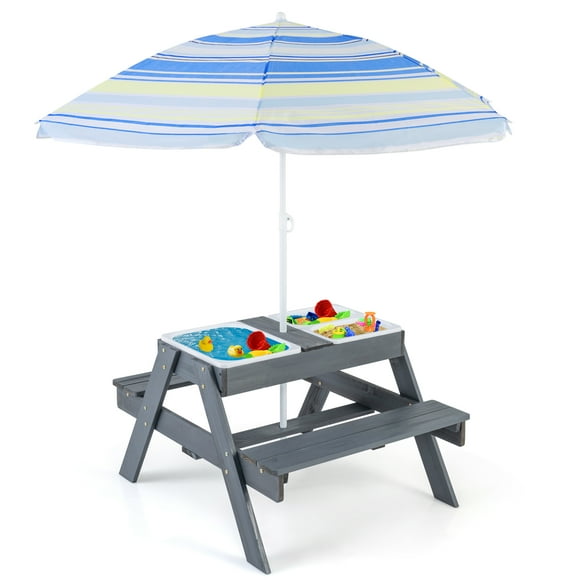 Patiojoy Kids 4-in-1 Sand & Water Table Wood Outdoor Activity Table & Bench Set with 3 Removable Boxes with Lids Patio Backyard Kids Picnic Table with Adjustable Umbrella for 3+ Years Old