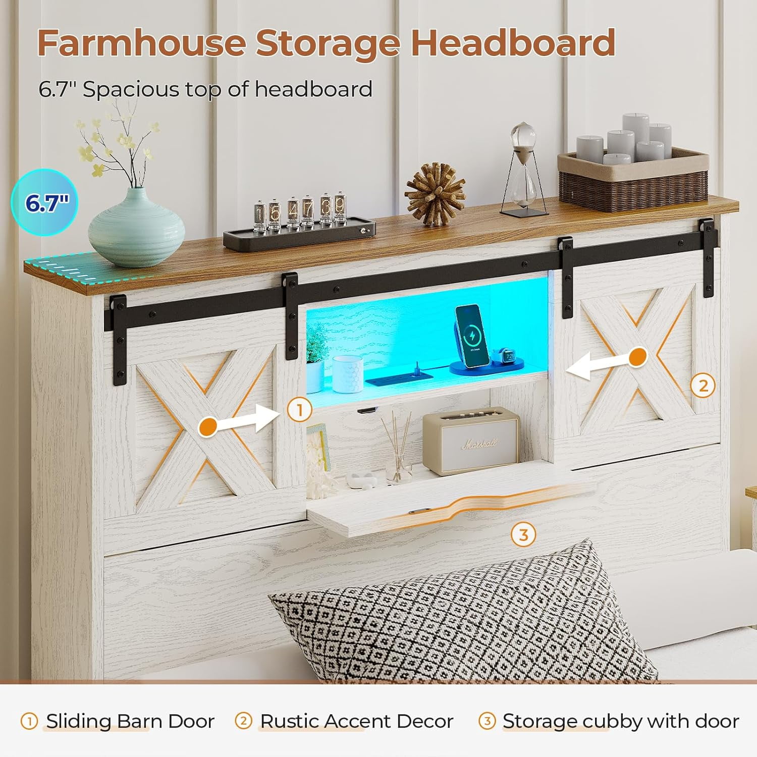Farmhouse Twin XL Size Bed Frame with LED Lights, Charging Station, Wooden Twin XL Bed with Storage Bookcase Headboard, 2 Drawers, Country Rustic Bed Frame with Sliding Barn Door,White