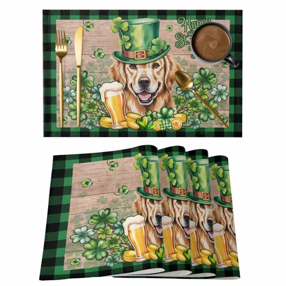 St Patricks Day Placemats Set of 12, Watercolor Dogs Green Shamrock Wood Grain Placemats for Dining Table, Place Mats for Kitchen Tabletop, Waterproof Wipeable Dining Table Mats Set