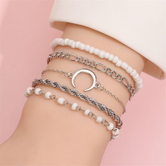 SIfdSeng Round Circle Layered Bracelet Moon Assorted Beaded Bracelet Moon Combination Bracelet Five Piece Name Bracelet Silver Bracelet Charms for Bracelet Making Bracelet Stack for Women with Watch