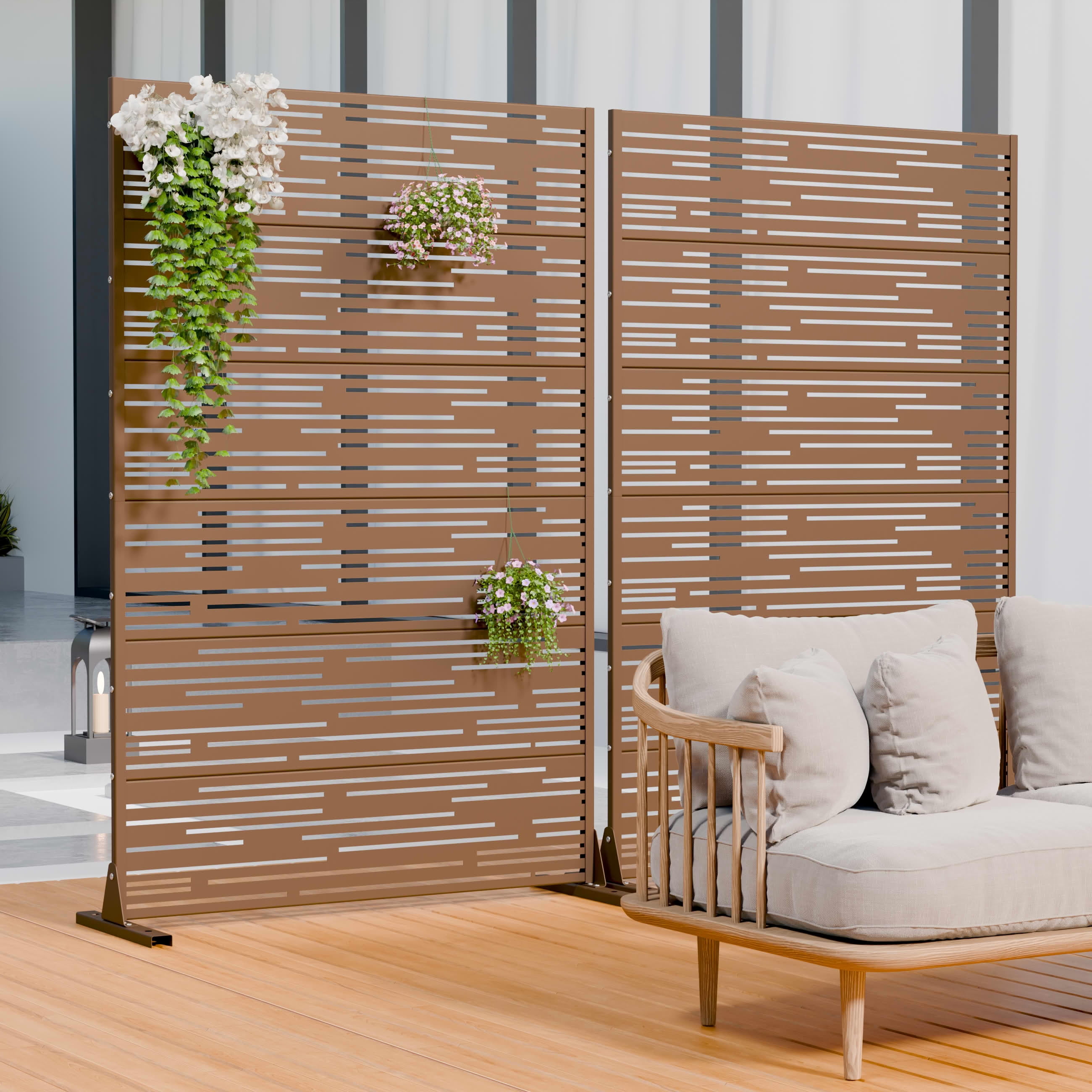 MAYEERTY 2-Piece Outdoor Metal Privacy Screen 6ft × 4ft Brown, 6-Panel Light & Shadow Pattern, Rust-Resistant for Garden