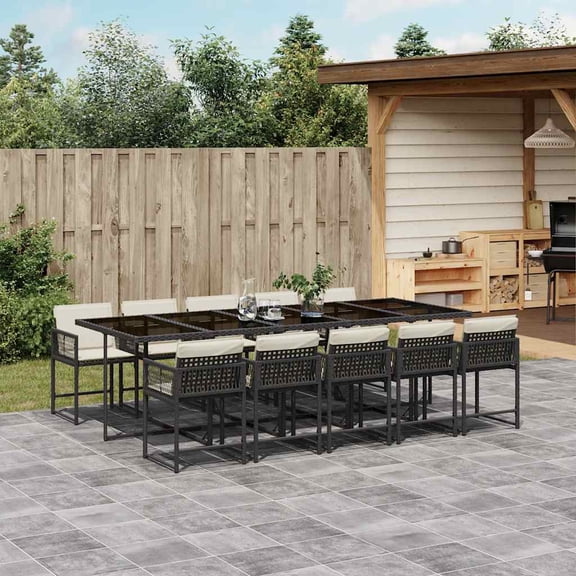 vidaXL 11 Piece Patio Dining Set with Cushions Black Poly Rattan