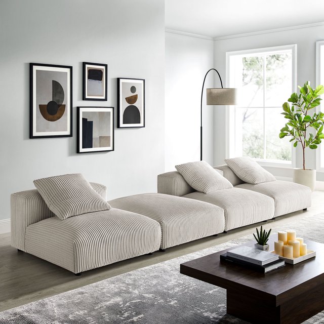 Modway Solace 4-Piece Modular Corduroy Upholstered Sectional Sofa in Almond