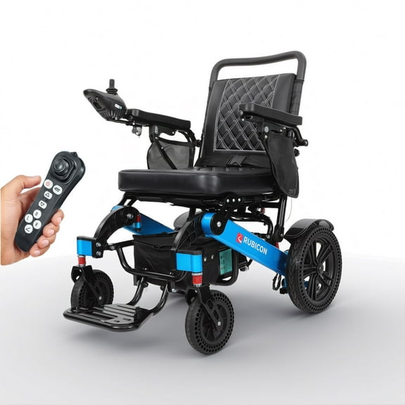 Rubicon DX14 Electric Wheelchair, Foldable Lightweight Power Chair with Dual 12AH Lithium Batteries, 2x300W Motors, 30 Mile Range, Airline Approved, Leather Cushion, Blue