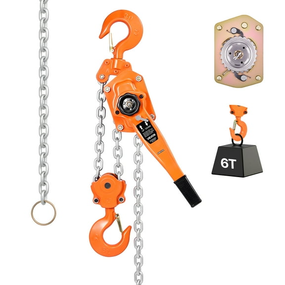 VEVOR Manual Lever Chain Hoist, 6T 13200LBS Capacity Heavy Duty Come Along, 10FT Lift G80 Alloy Steel Chain With Dual Pawl Mechanical Brake,360°Rotating Hooks, for Warehouse Construction Garage