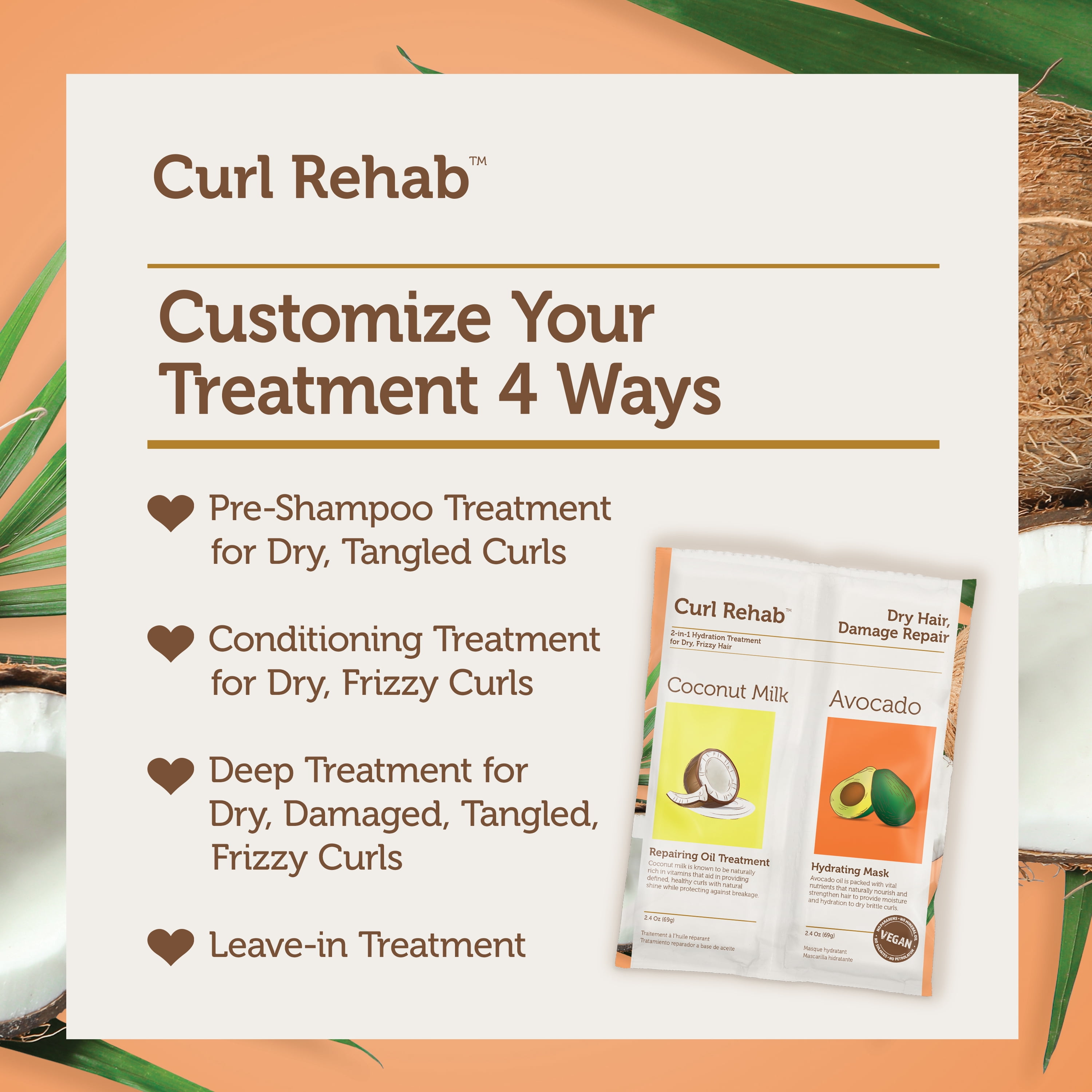 Curl Rehab: Dry Hair/Damage Repair Dual Treatment Packette - Coconut Milk & Avocado hydrating mask packette - 4.8 oz.