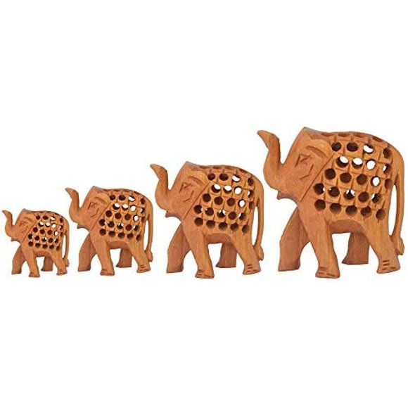 JAVI eTroves Wood Elephant Family of 4 – Hand Carved Wooden Figurine and Sculpture – Home and Table Top Decorations – Set of 4