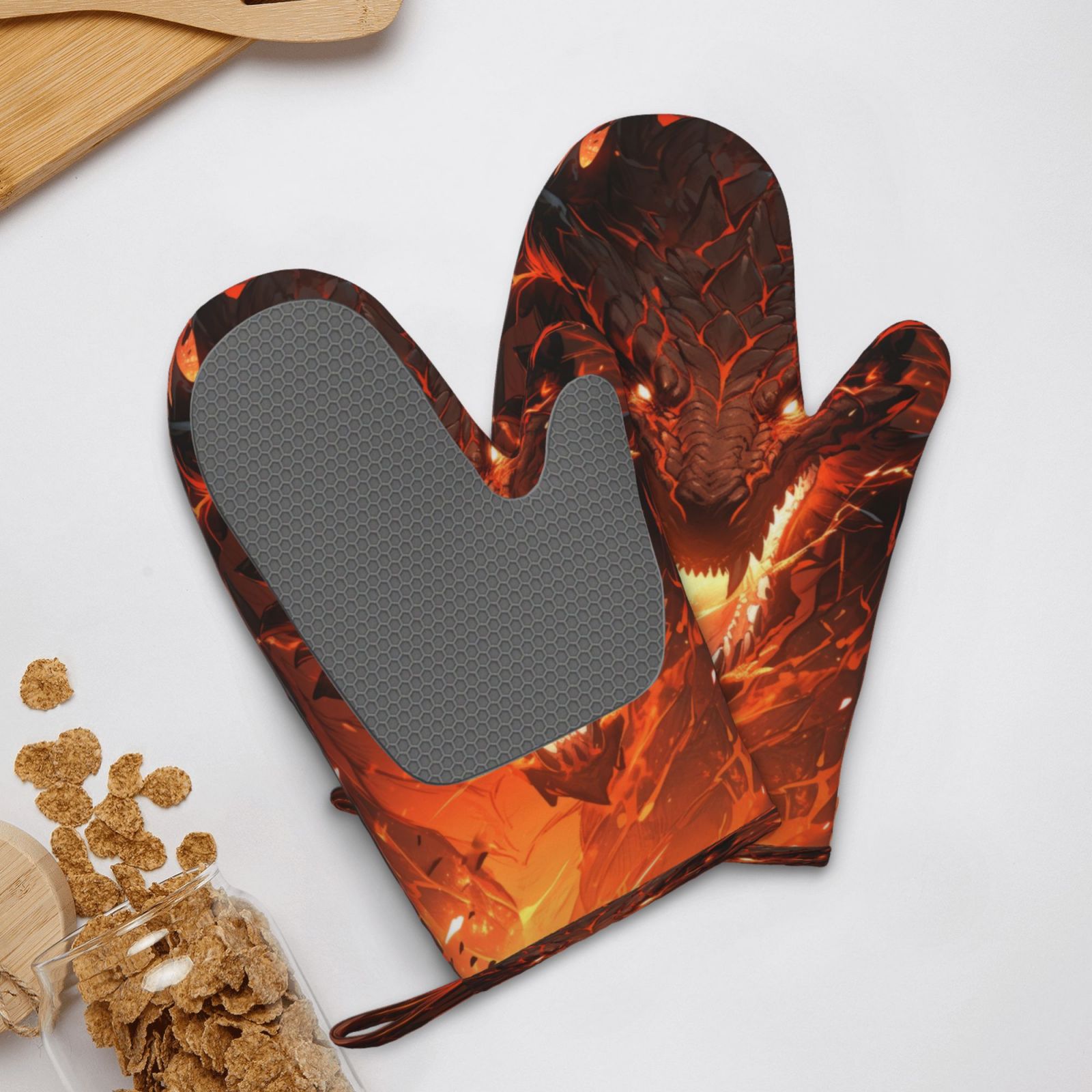 Hirioo Magma Fire Black Dragon for Silicone Oven Mitts for BBQ, Baking, Cooking, Set of 2, Heat Resistant 260℃, Non-Slip Kitchen Essentials