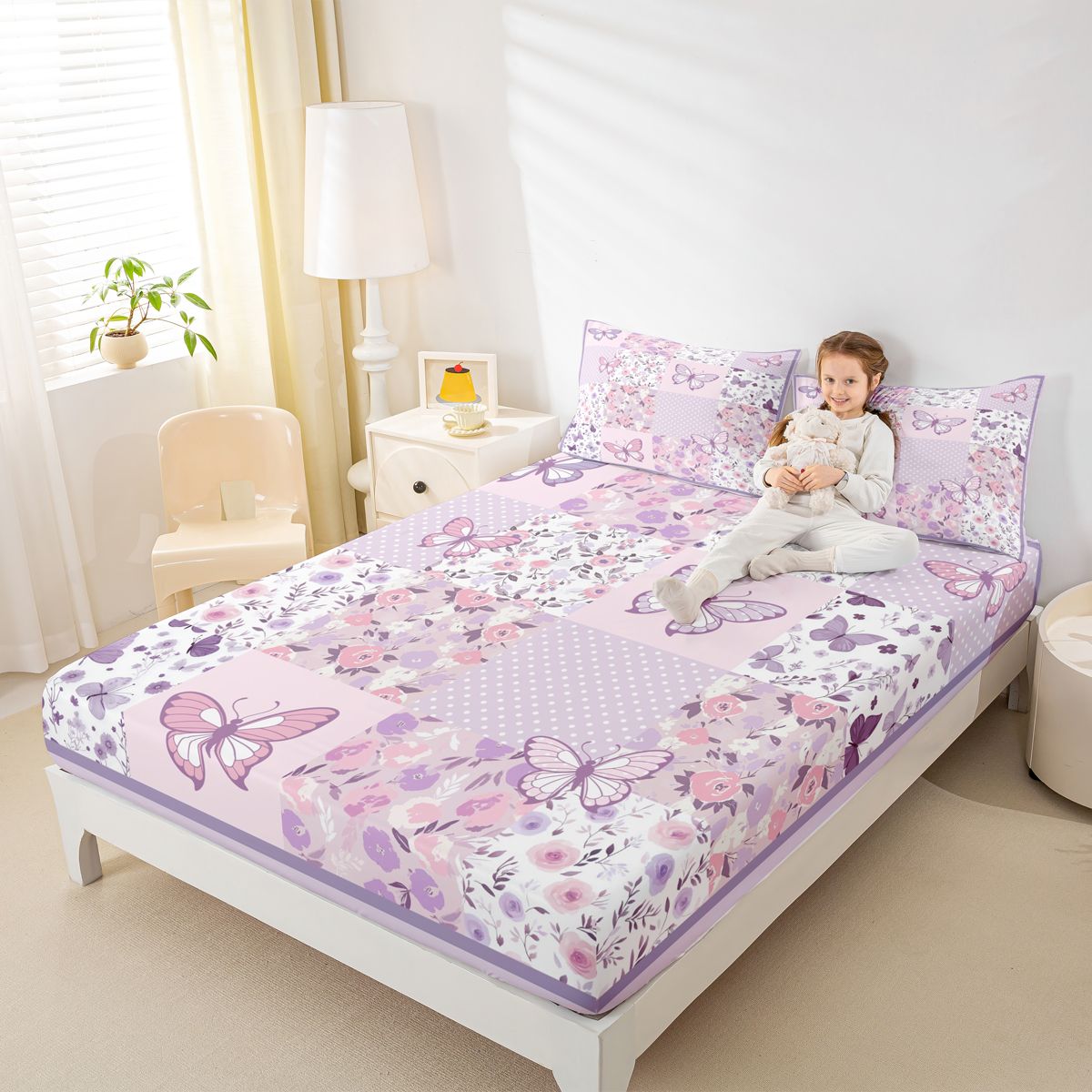 Homewish Butterfly Printed Twin Sheet Sets,Rustic Flower Floral Twin Fitted Sheet,Purple Pink Flat Sheet For Girl Kids,Luxury Bedroom Decor,3 Pieces