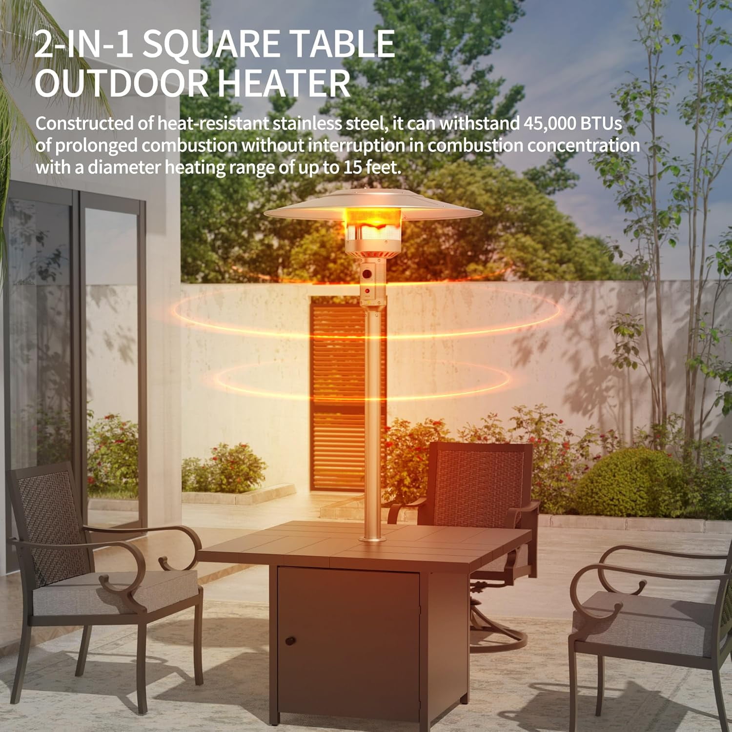 Kullavik 5 Pieces Dining Sets For 4,2 Fence Pattern Back Chairs & 2 Swivel Chairs,45,000BTU Outdoor Heater w/Square Table,Outdoor Patio Dinging Set For Patio,Backyard,Garden,Poolside-Navy