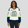 thumbnail image 4 of Women's WEAR by Erin Andrews  Cream Seattle Seahawks Racing Crew V-Neck Sweatshirt, 4 of 6