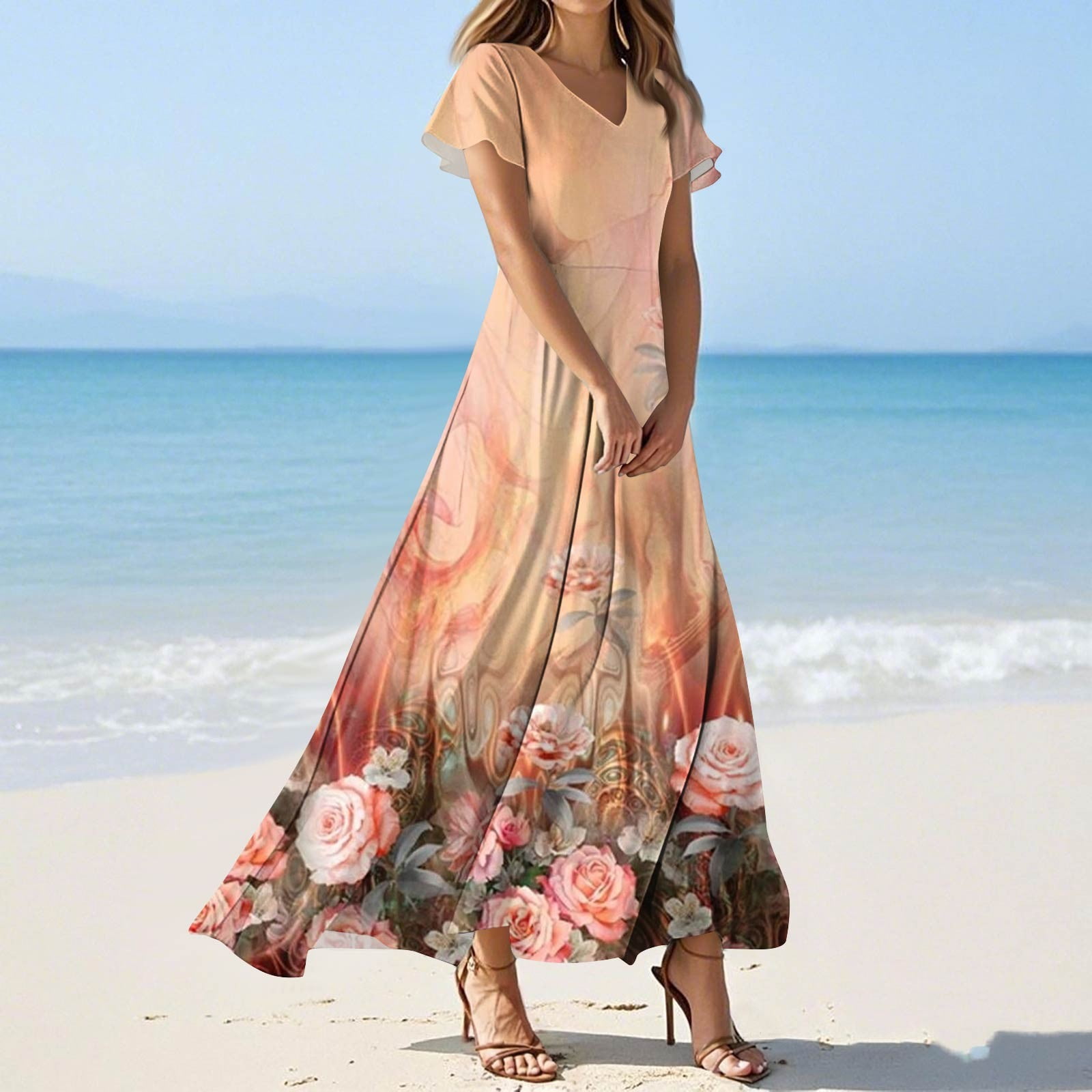 NAMTYQX Summer Dresses for Women 2025 Boho Maxi Dress Chiffon Floral Boho  Spring Dresses for Women 2025 Orange Size 2XL - Walmart.com