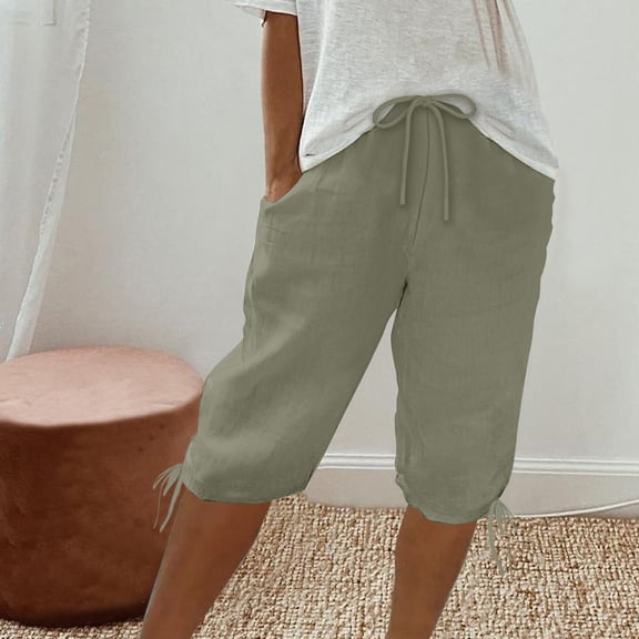 WIZUTIZ Long Shorts for Women Leisure Wide Leg Sports Baggy Shorts Mid Rise Solid Trousers Knee-Length with Pockets Jogging Tie Side Trousers for Lady Stretch Birthday Green Linen