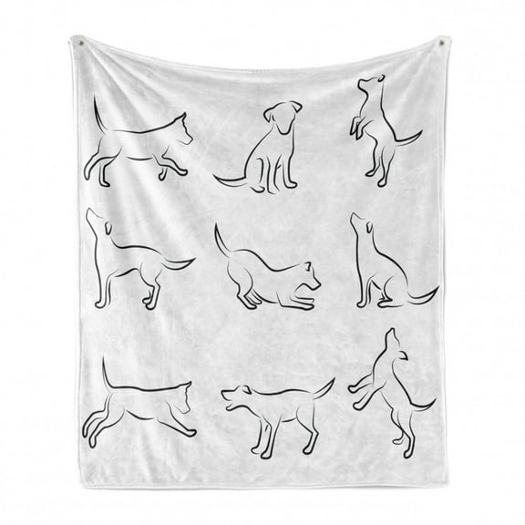 Dog Soft Flannel Fleece Throw Blanket, Digital Sketches of a Puppy Moving Around Scratching Simple Life Style Work, Cozy Plush for Indoor and Outdoor Use, 50" x 60", White Black, by Ambesonne