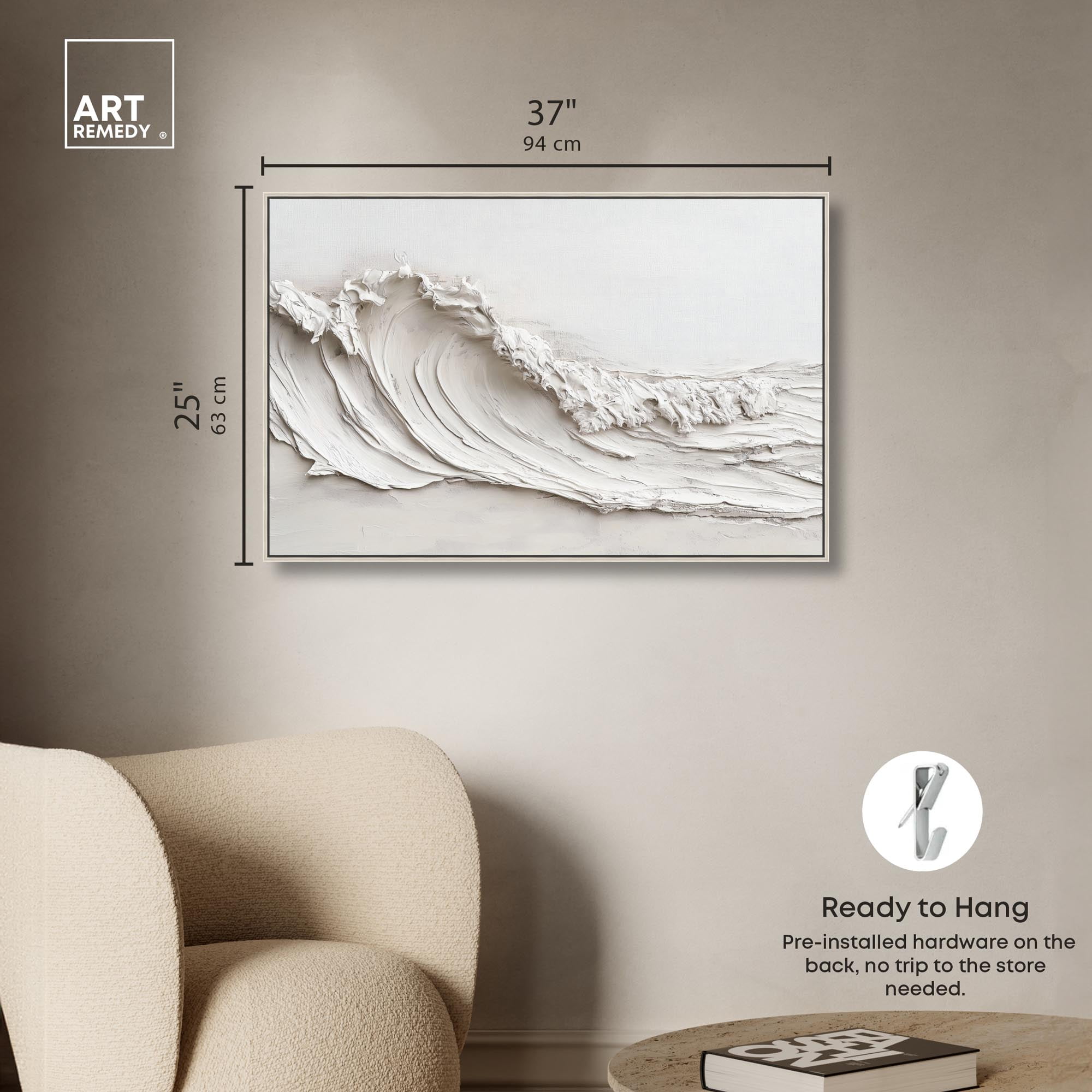 Wave on White Canvas Neutral Boho by Art Remedy, Silver Frame, 36 x 24