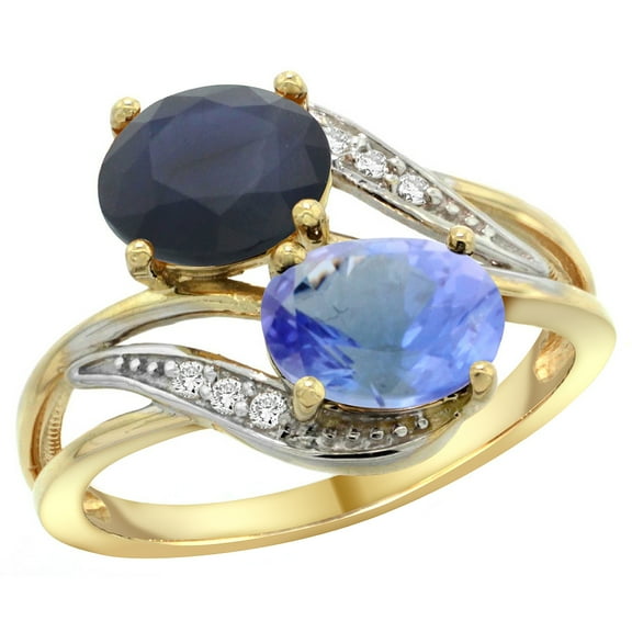 10K Yellow Gold Diamond Natural Quality Blue Sapphire & Tanzanite 2-stone Mothers Ring Oval 8x6mm, size10