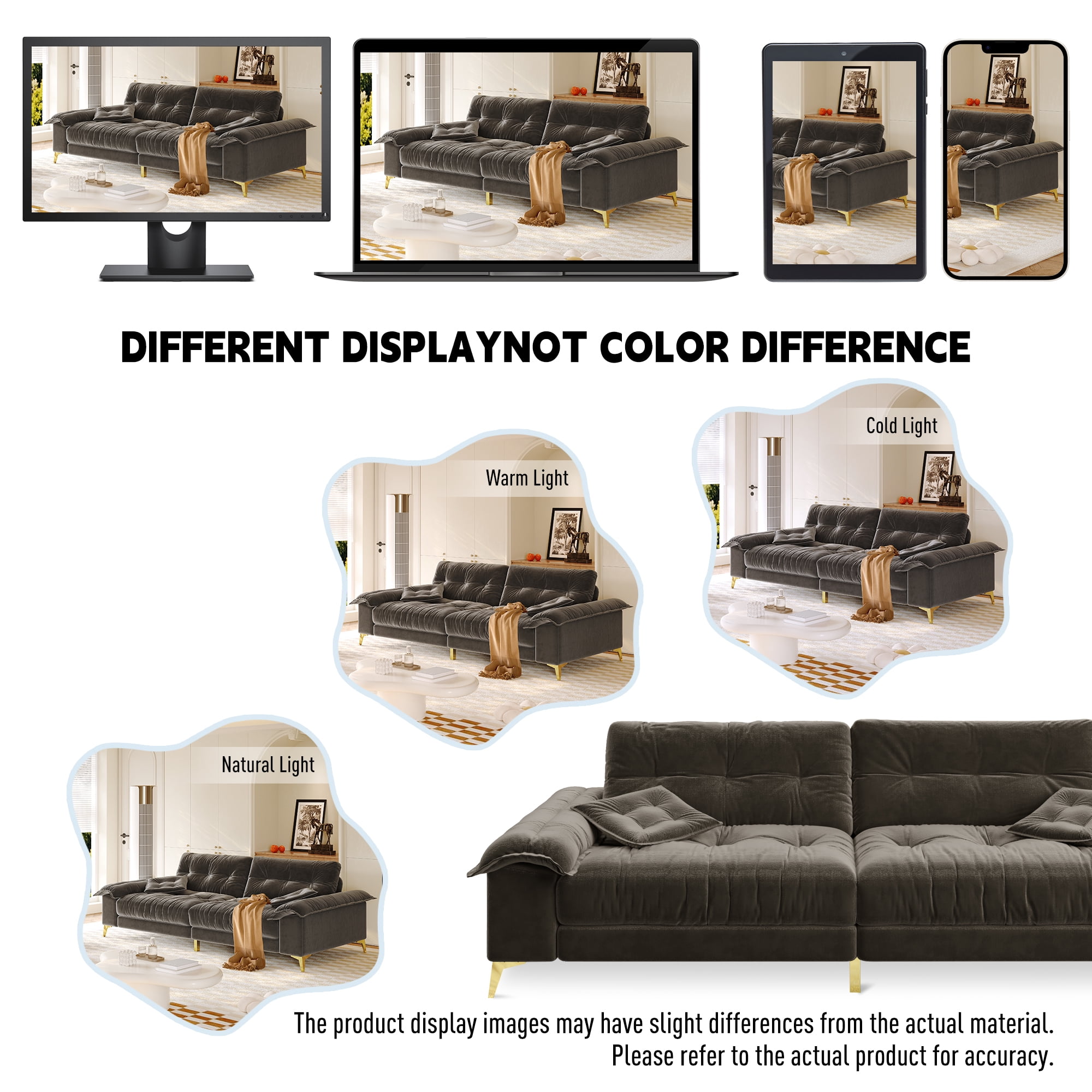 Vinform 104.7 " Cloud Sectional Sofa with Wide Removable Armrests, Comfy Chenille Upholstered Couch for Living Room/Apartment, Dark Gray