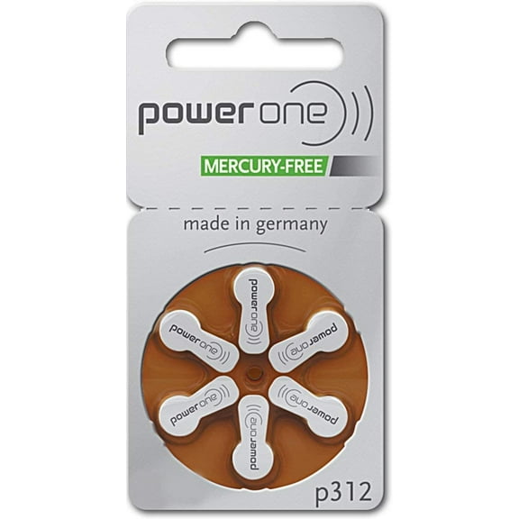 PowerOne Mercury Free Hearing Aid Batteries Size 312, 6 Batteries per Pack Plus Free Battery Caddy