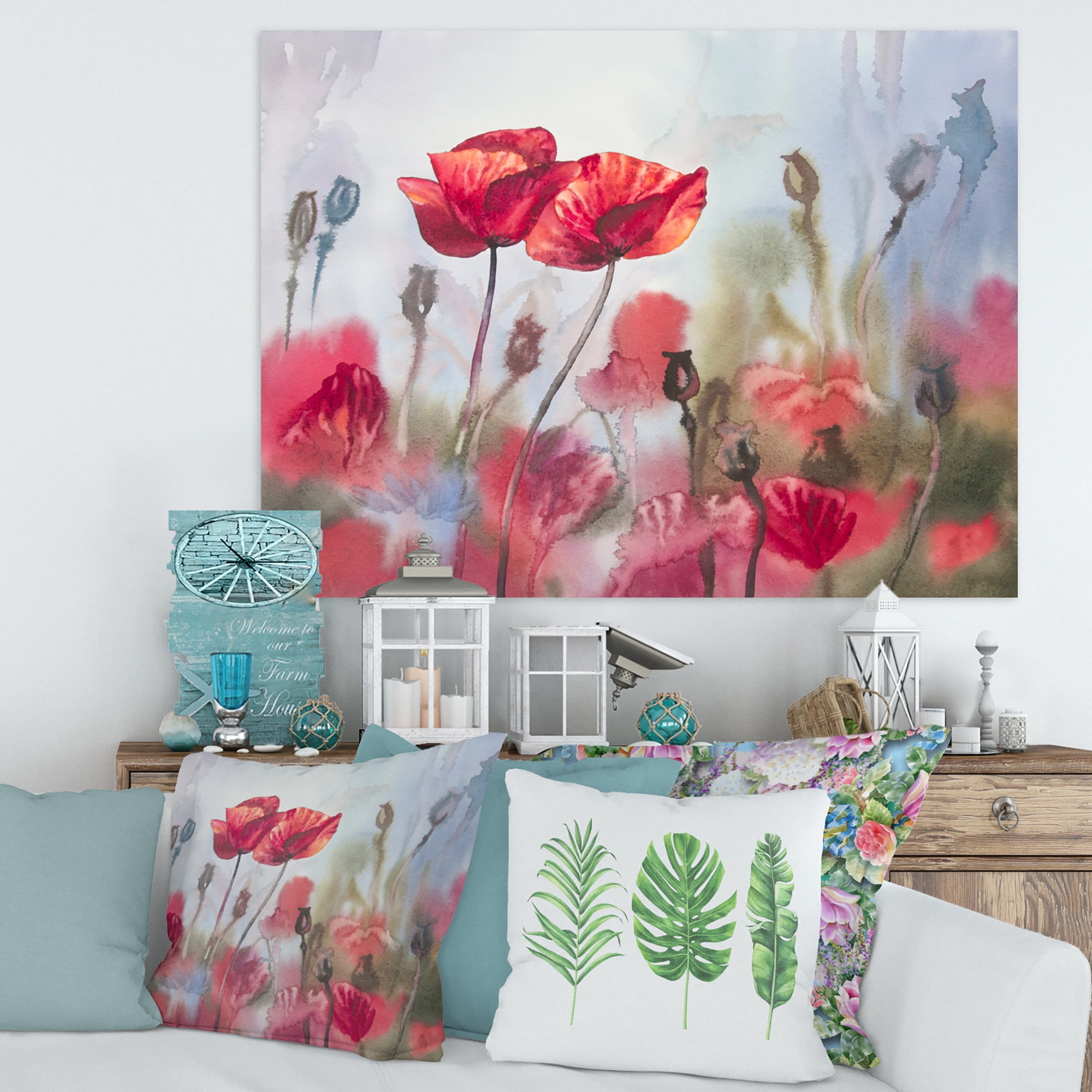 Designart ' Blossoming Red Poppies In The Meadow ' Traditional Canvas Wall Art Print