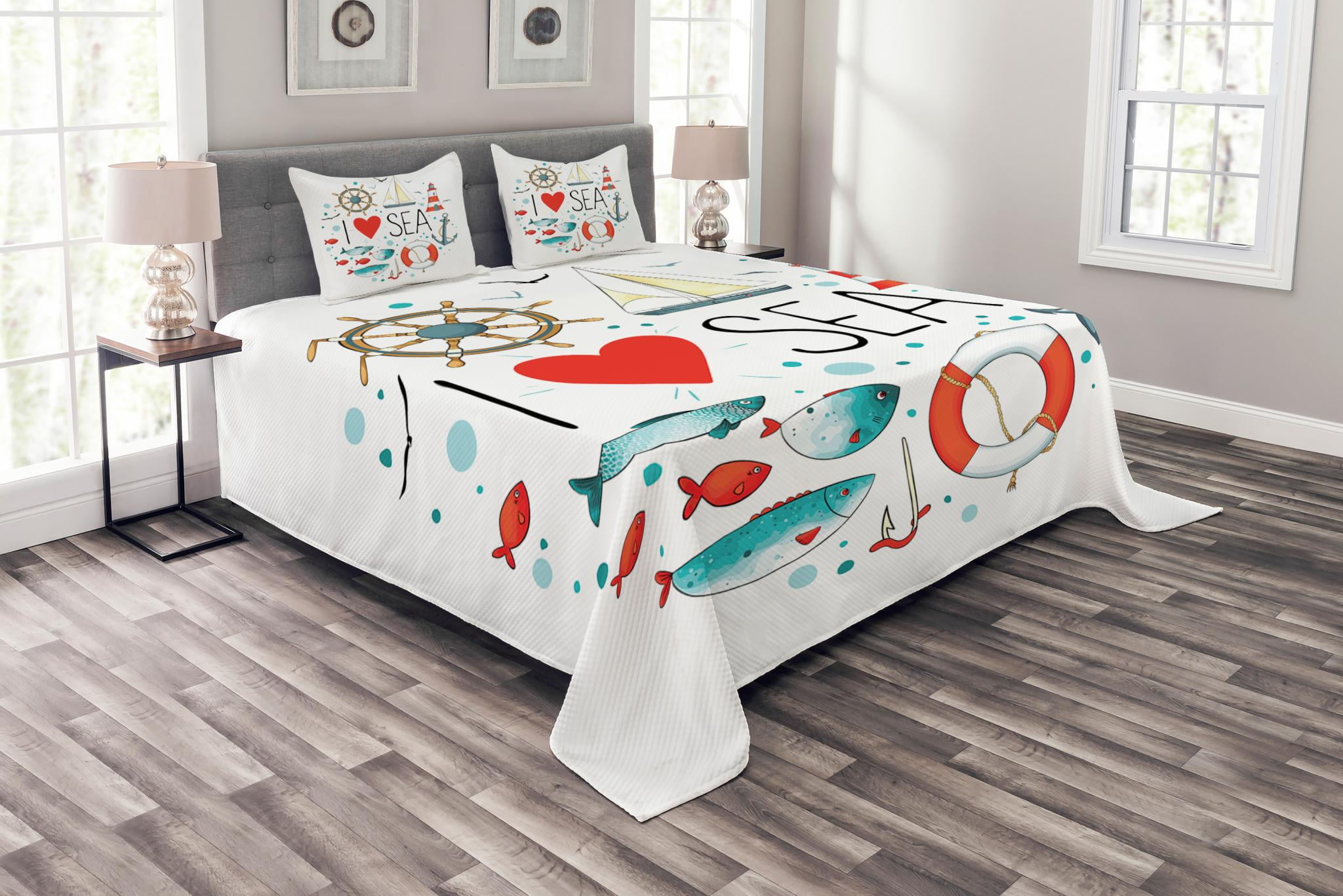 Nautical Bedspread Set Queen Size, "I Love Sea" Quote with Heart Figure