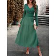 thumbnail image 2 of xiaxaixu Femmes Été une Ligne de Swing Robe Patchwork Couleur Unie Manches Longues Wrap V-Cou Taille Haute Robe Midi pour Parti, 2 of 8