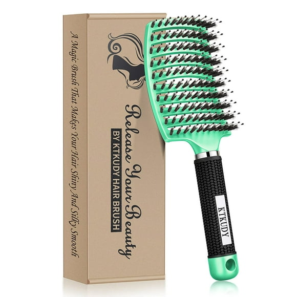 KTKUDY Detangling Brush Boar Bristles Hair Make Shiny & Healthier Curved and Vented Detangler for Women Men Kids Wet Dry (Light green)