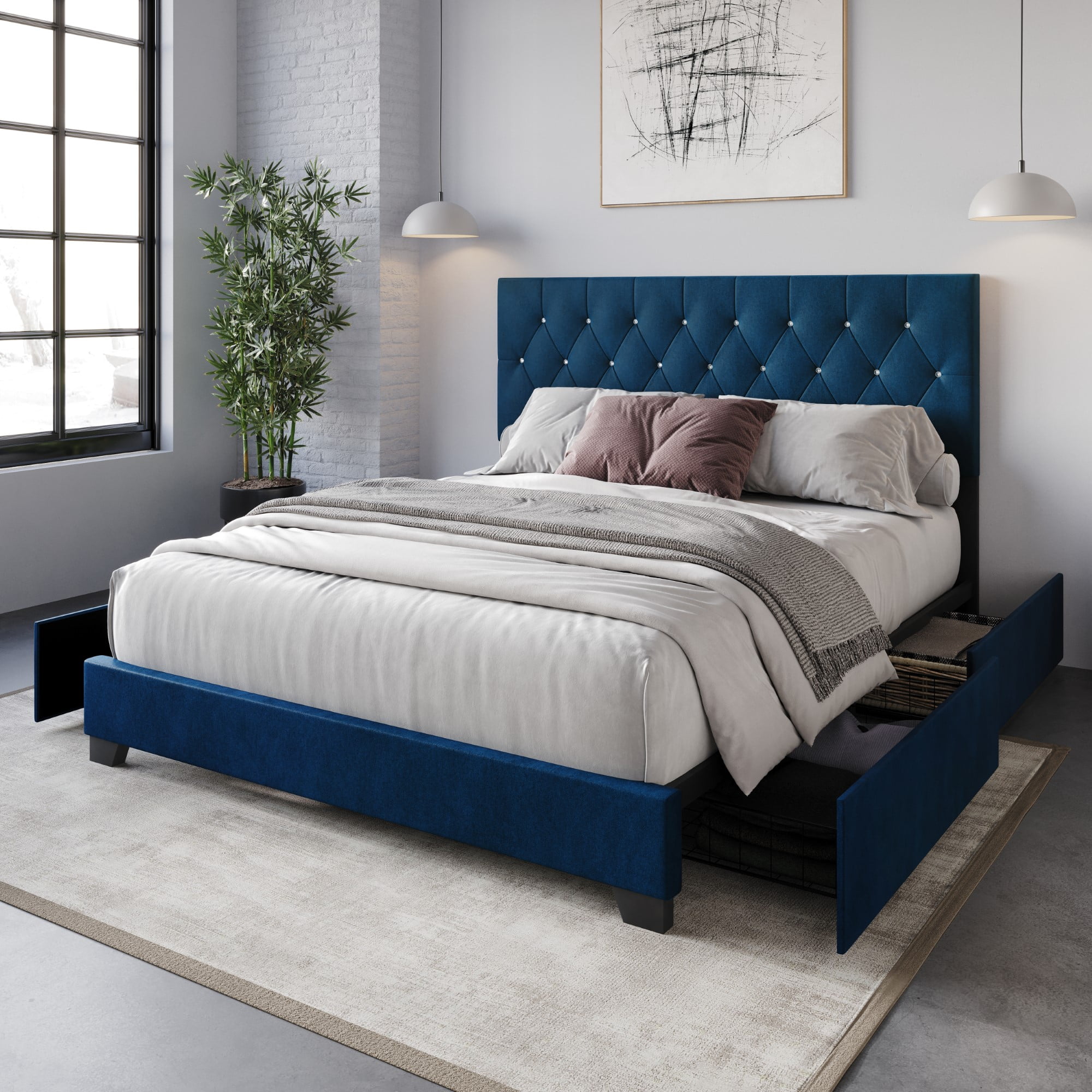 Home Design Sheffield King Tufted Upholstered Storage Platform Bed Frame with Diamond Button-Tufted Headboard and Four Under-Drawers, Blue, Easy Assembly