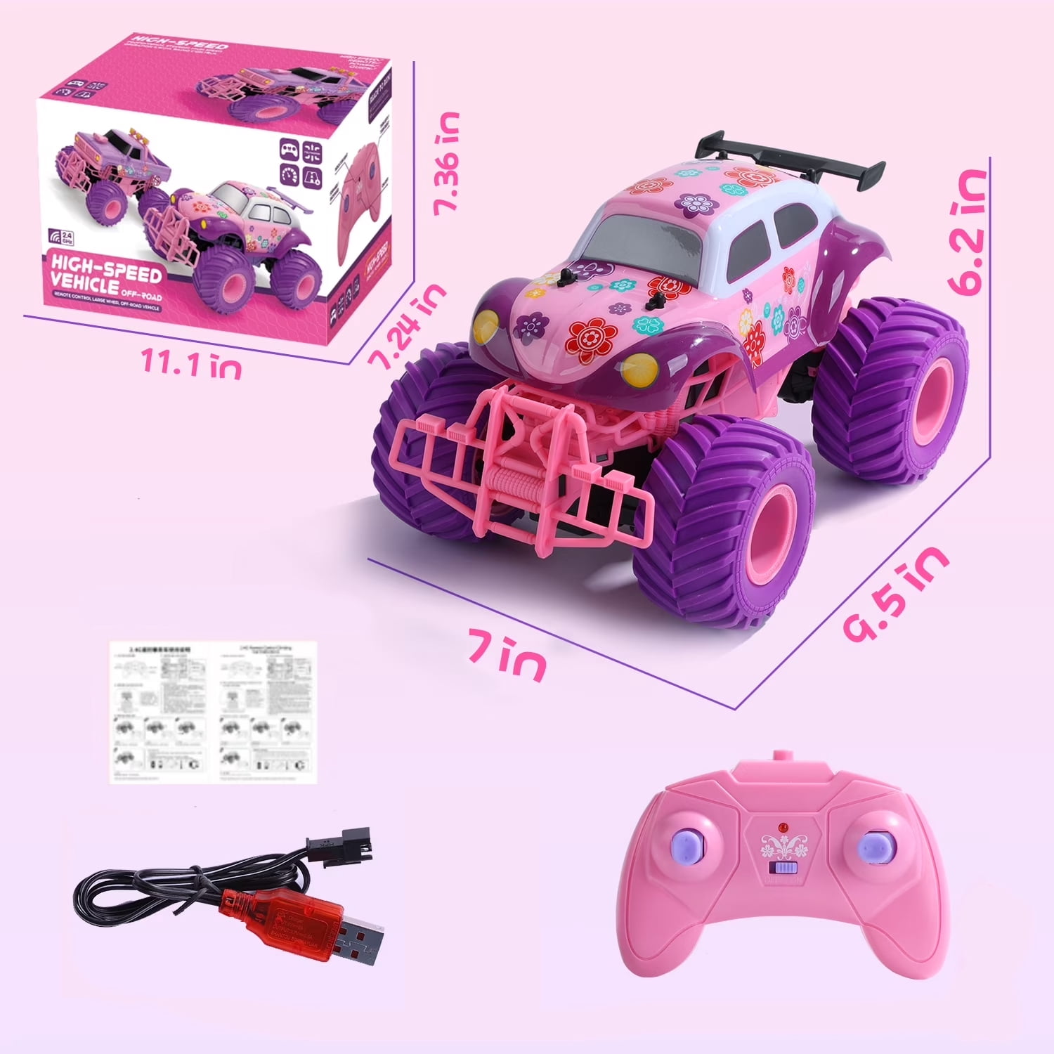JoyStone Pink RC Cars for Girls, 1:18 Scale Jeep Remote Control Car, 30 Min Playtime 2.4Ghz LED Light Off-Road Pink Monster RC Trucks