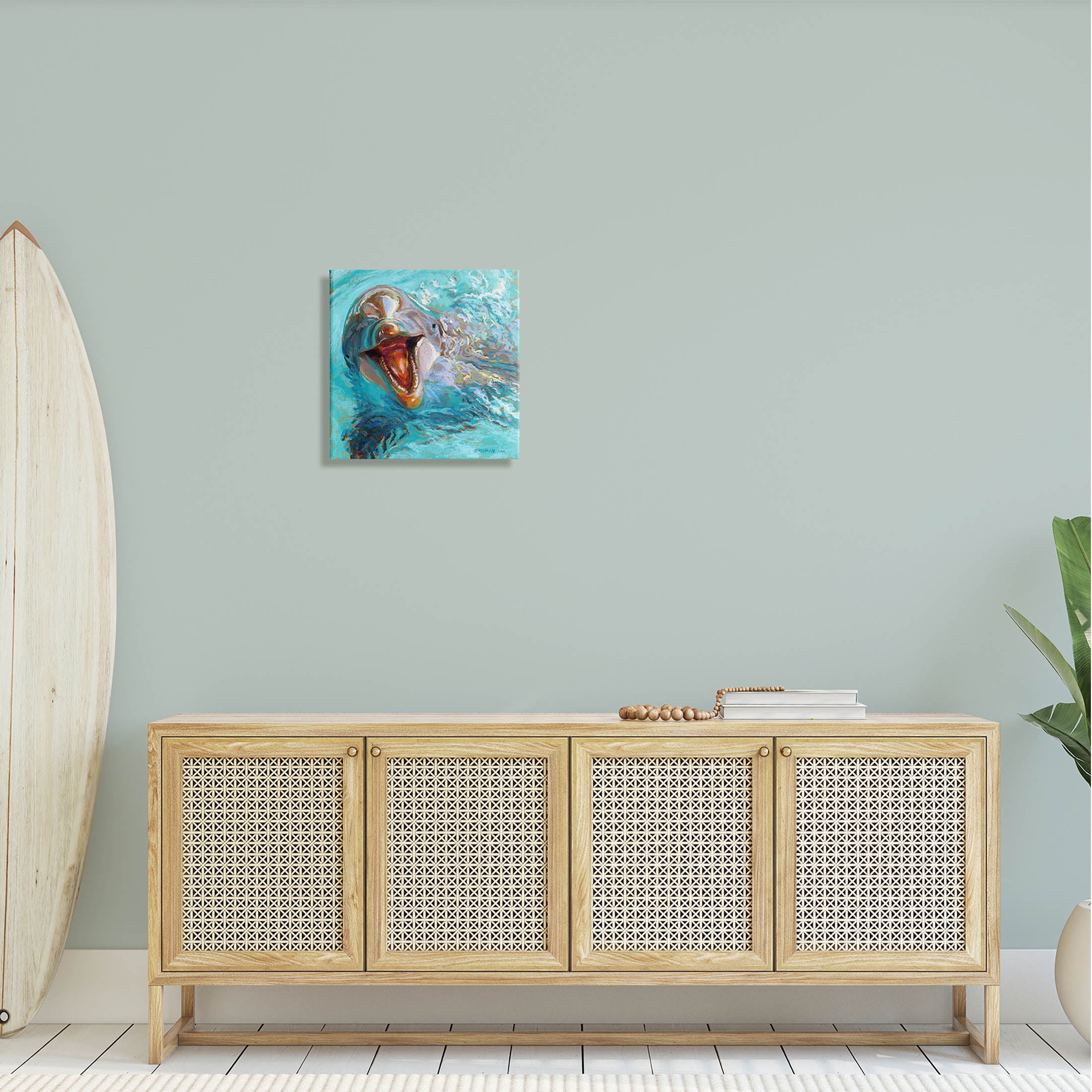 Smiling Dolphin Water Splash Animals & Insects Painting Gallery Wrapped Canvas Print Wall Art