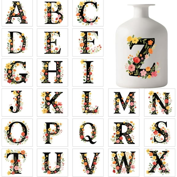 25 Sheets A-Z Flowers Letters Colorful Adhesive Lantern Stickers Vintage Flowers and Leaves Plastic Decal Stickers Alphabet Adhesive Jar Decals