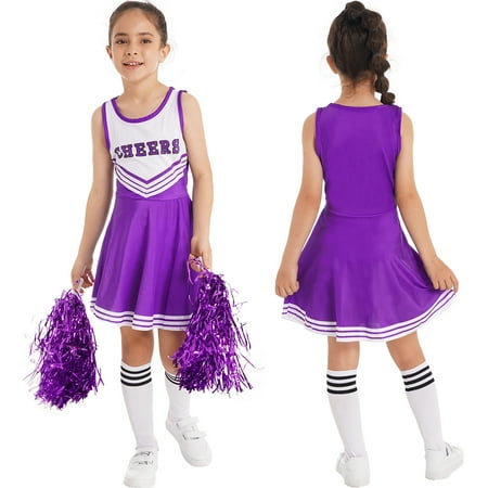 

iiniim Kids Cheer leader Dress with Stockings Poms Cheerleading Uniform Halloween Costume