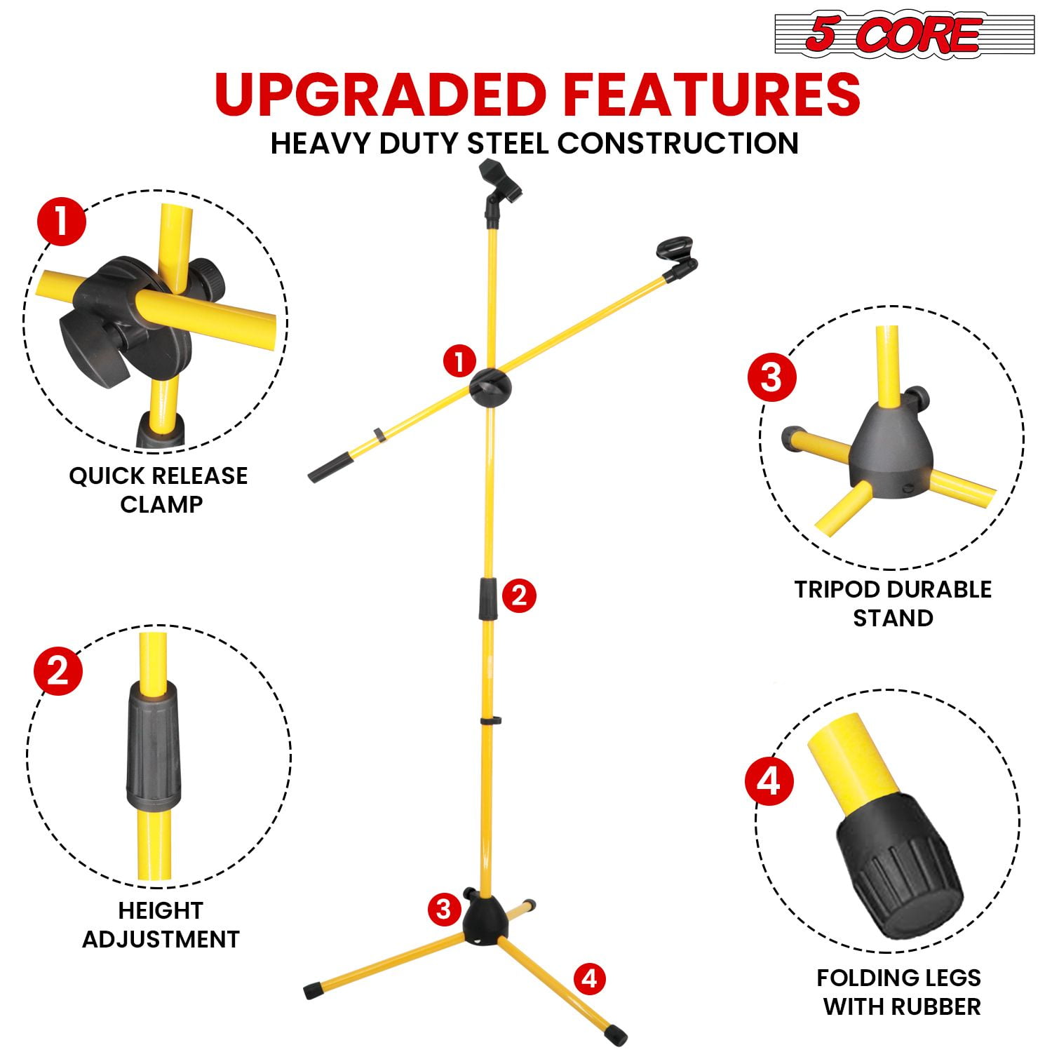 Mic Stand Floor Height Adjustable Tripod Microphone Stands w Extending Telescoping Boom Arm - MS DBL G Yellow