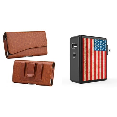 

Holster and Wall Charger Bundle for Samsung Galaxy XCover6 Pro: Executive PU Leather Magnetic Belt Pouch Case (Brown) and 45W 2 Port PD USB-C USB-A Power Adapter (Vintage American Flag)