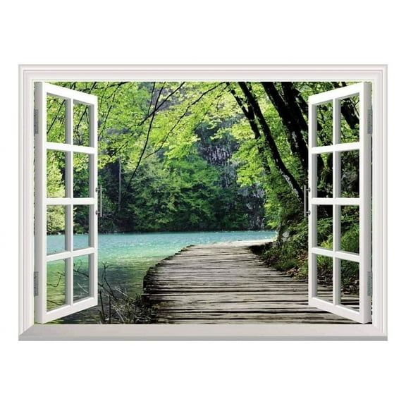 wall26 Modern White Window Looking Out Into a Bridge by a Lake Surrounded by Trees - Wall Mural, Removable Sticker, Home Decor - 24x32 inches