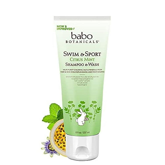 Babo Botanicals Purifying Swim & Sport 2-in-1 Shampoo & Wash - with Passion Fruit Oil, Organic Aloe & Green Tea - for Babies, Kids or Extra Sensitive Skin - Light Citrus Mint Fragrance, 8 Ounce