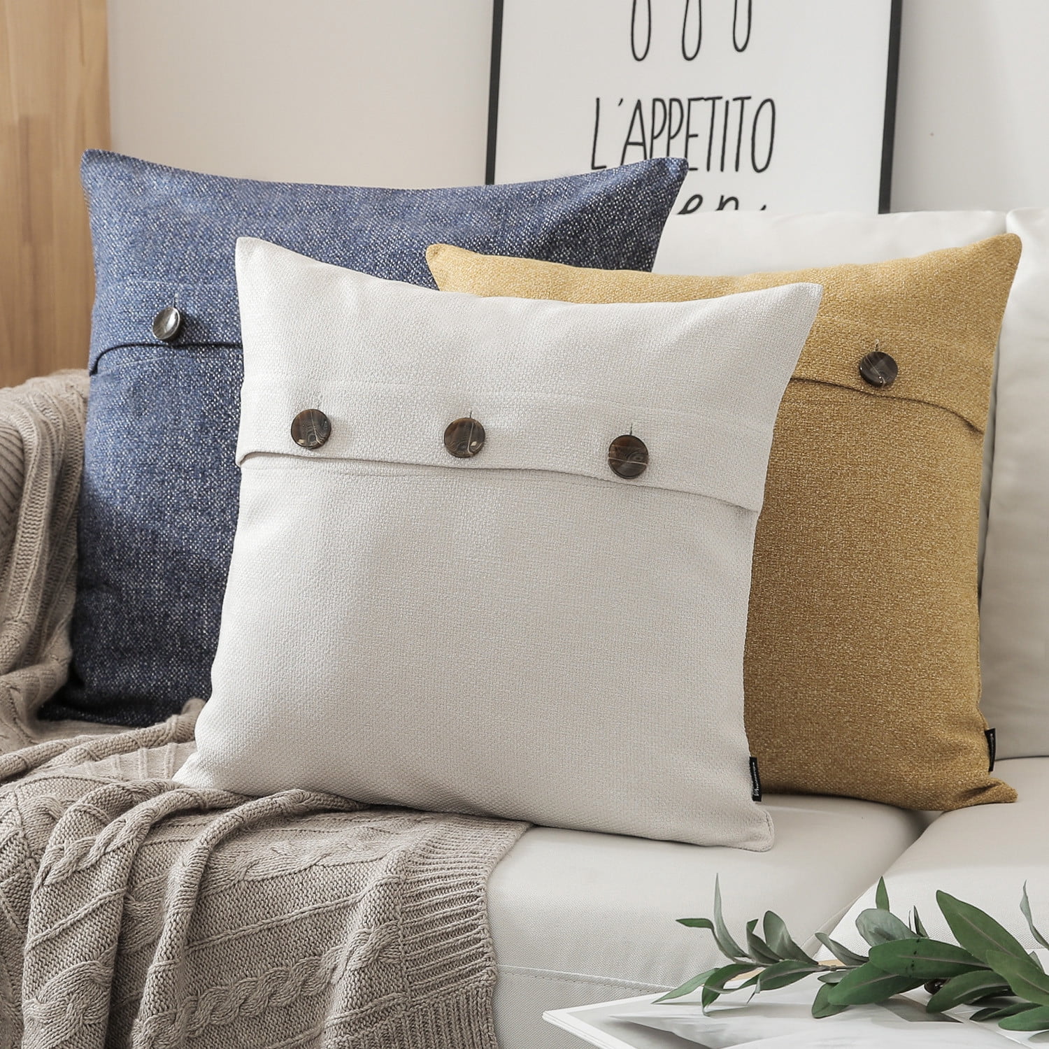 Phantoscope Farmhouse Series Triple Button Decorative Throw Pillow, 20" x 20", Off-White, 2 Pack