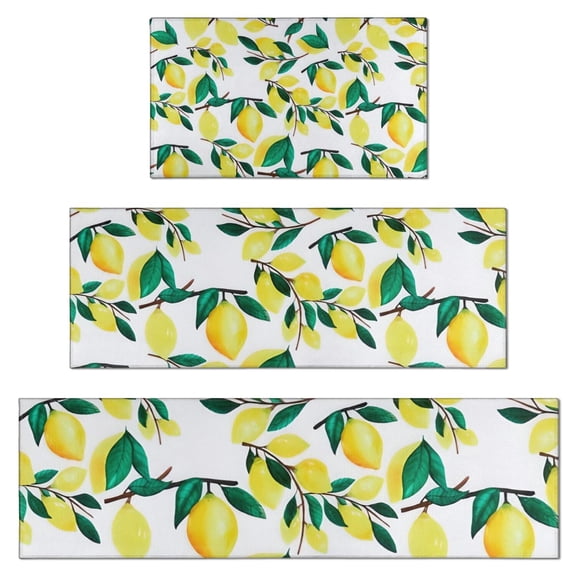 Yellow Lemon Fruit Branches White Pattern Kitchen Rugs Sets Of 3,Kitchen Runner Rugs Non Skid Washable,Decorative Kitchen Floor Mats for Kitchen,Sink,Laundry,17"x30" 17"x47" 17"x59"