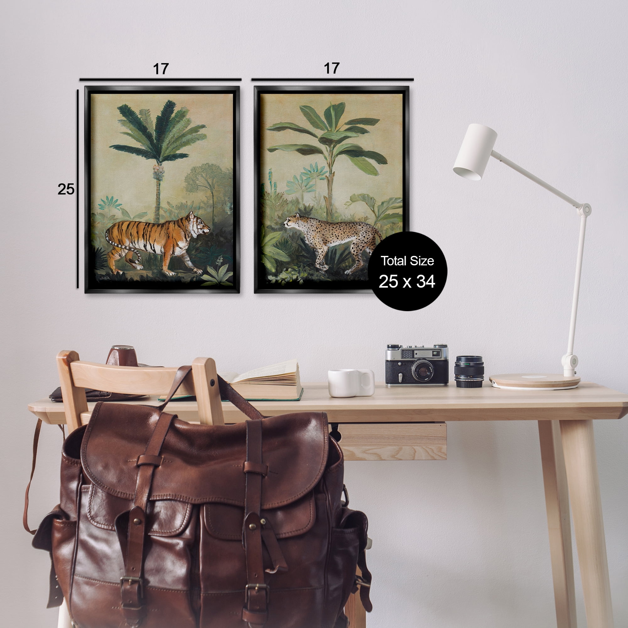 Stupell Industries Tiger Cheetah Jungle Forest Animals Painting Black Floater Framed Canvas Art Print Wall Art, 17 x 25, Set of 2