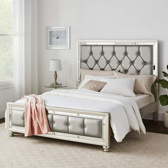 Bed Frame with Tufted Design, Silver