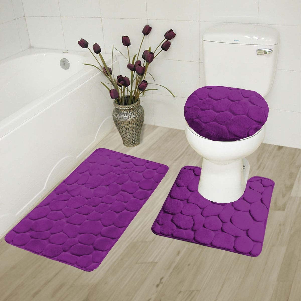 PURPLE 3Piece Rock Memory Foam Bathroom Mat Set, Flannel Embossed Rug