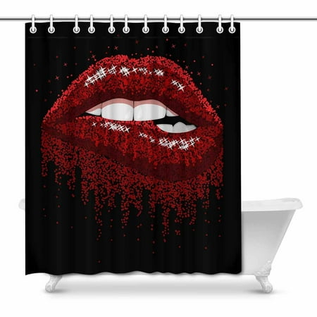 Red Shower Curtain Set MKHERT Fashion Sexy Red Lips Biting Sparkles Style Waterproof Shower Curtain Decor Fabric Bathroom Set 66x72 inch ()