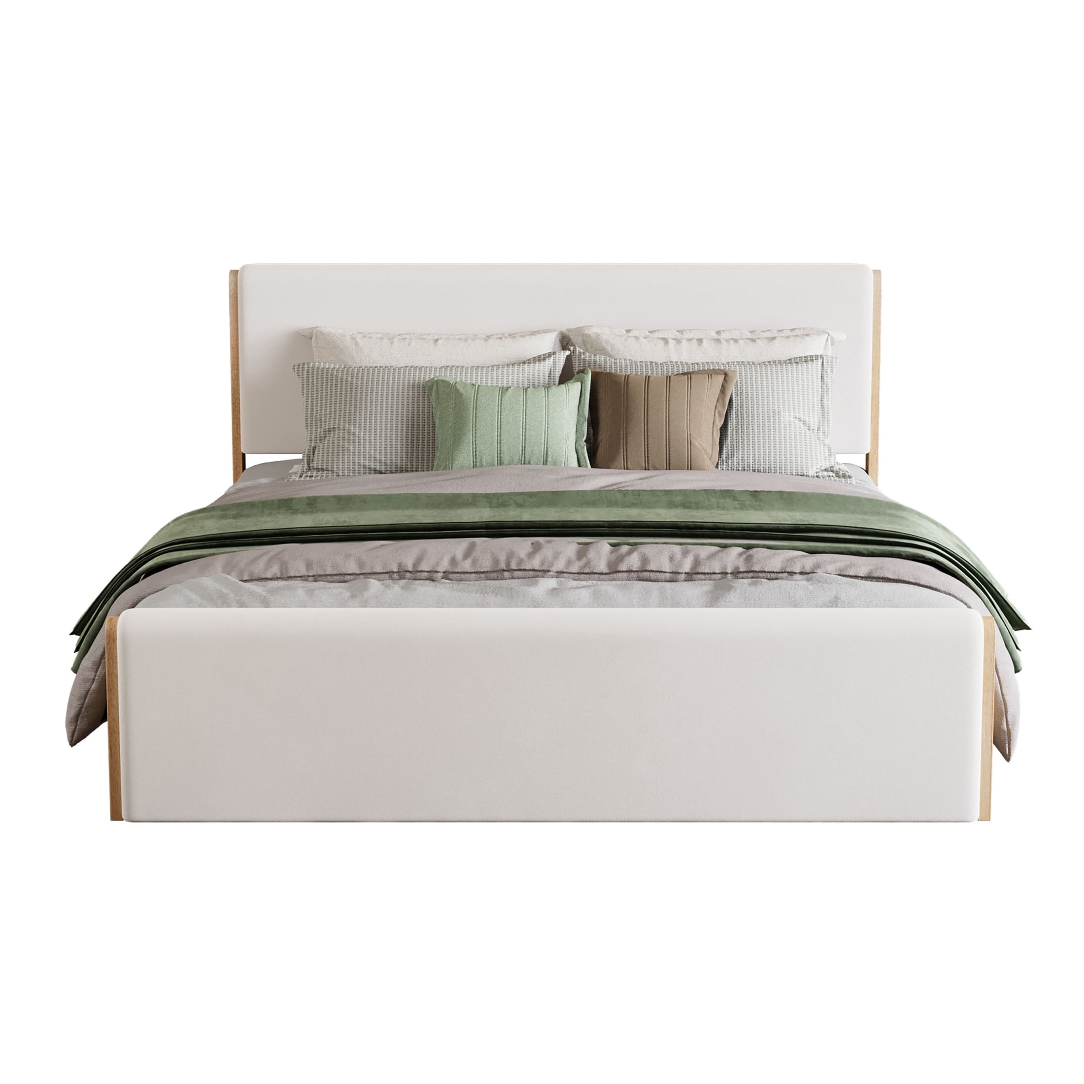 Christopher Knight Home Queen Size Natural Wood Bed frame With Beige Upholstered Headboard and Footboard