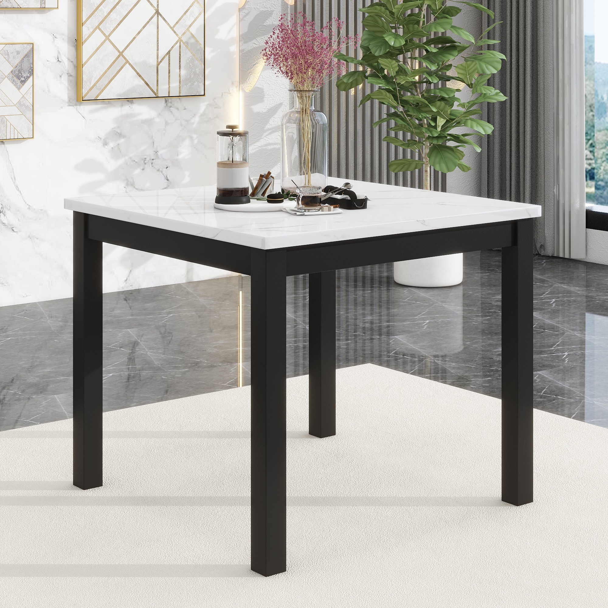 PORKISS Dining Table Set for 4, Dining Room Set with Faux Marble Kitchen Table and Velvet Upholstered Chairs, Counter Height Dining Set, Black