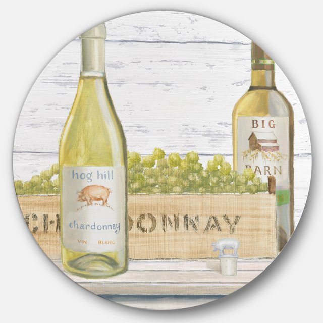 Designart « Bouteilles de Vin Chardonnay Blanc » Art Mural Rond en Métal Style Ferme