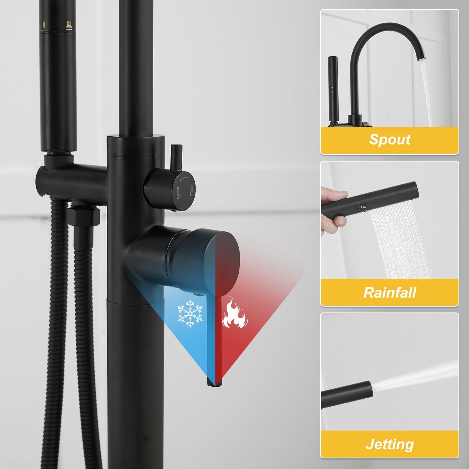 Freestanding Bathtub Faucet Matte Black Brass Floor Mount with 2-Function Hand Shower