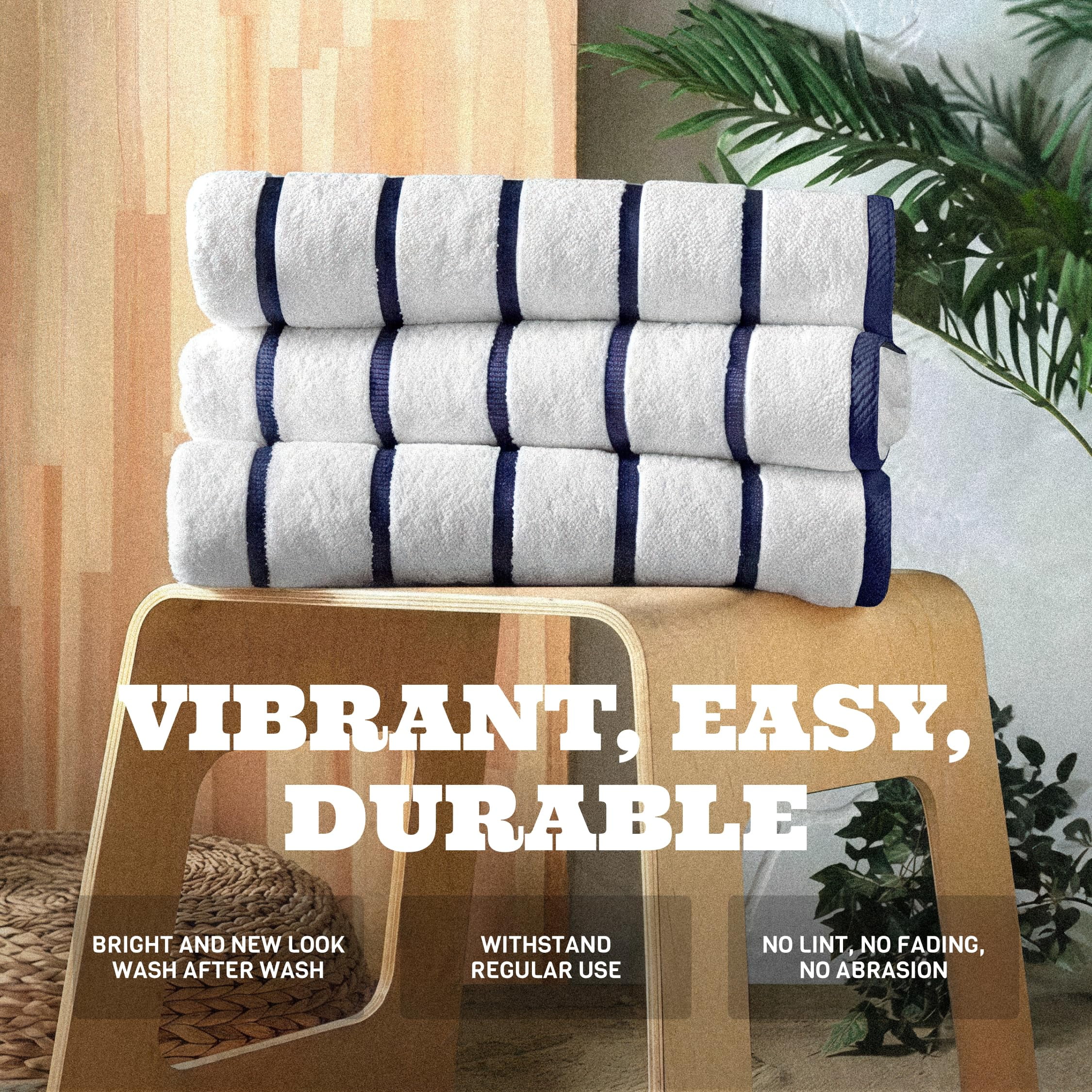 White Classic Luxury Navy Blue Striped Cotton Beach Towels, 35 x 70, 3 Count