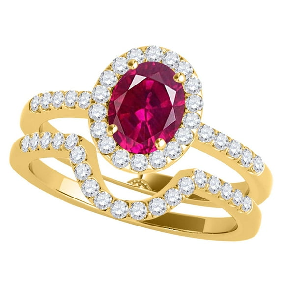 Mauli Jewels Engagement Rings for Women 1.10 Carat Oval Shaped Created Ruby And Diamond Bridal Set 4-prong 10K Yellow Gold