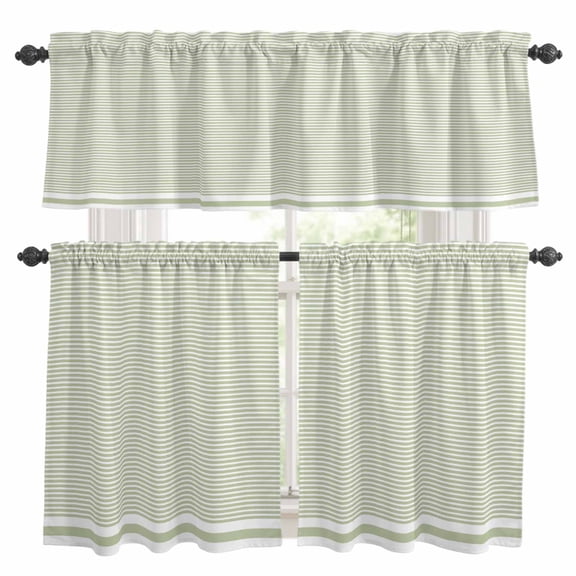 Farmhouse Sage Green White Striped Kitchen Curtains Sets for Windows 24 Inch Length, Modern Stripes Rod Pocket Window Treatments Tier Curtains and Valances Set for Bedroom/Bathroom